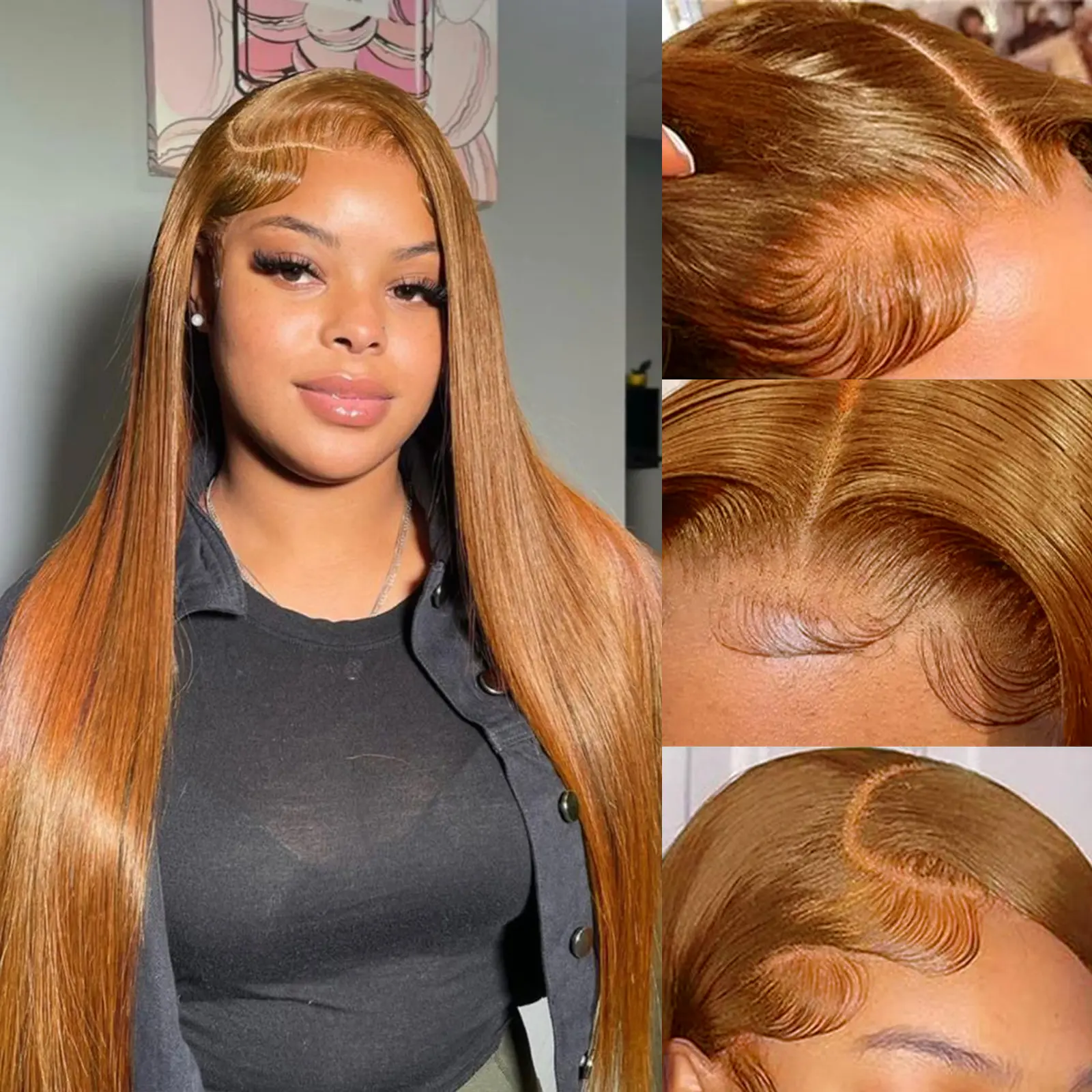 KINCY 13*4 Ginger Colored 26 inch Long Straight Lace Front Wig for Women Natural Heat Resistant Fiber Synthetic Straight Honey Brown Wigs for Halloween Daily Use Party Cosplay