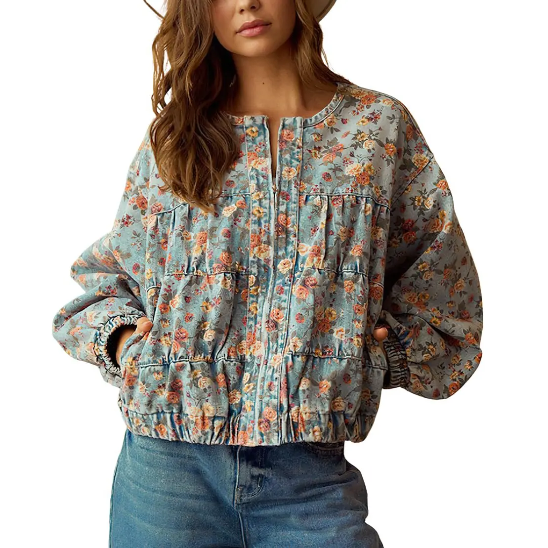 Chouyatou Women's Spring & Autumn Floral Denim Jacket Y2K Casual Loose Short Coat with Pockets,back to school,back to school shopping Chouyatou Women's Spring & Autumn Floral Denim Jacket Y2K Casual Loose Short Coat with Pockets,back to school,back to school shopping