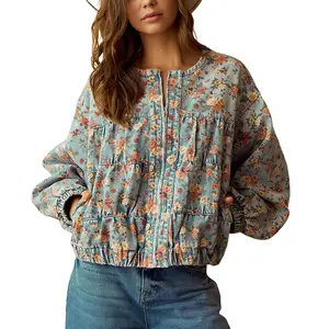 Chouyatou Women's Spring & Autumn Floral Denim Jacket Y2K Casual Loose Short Coat with Pockets