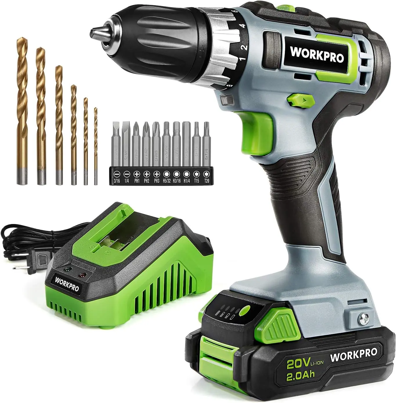 #backtoschool WORKPRO 20V Cordless Drill/Driver Kit, 3/8”, 18+2 Torque Setting, Variable Speed, 2.0 Ah Li-ion Battery and 1 Hour Fast Charger