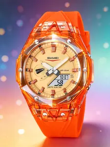 Skmei Fashion Sport Watch, Dual Display Transparent Design, Colorful Strap, 5atm Waterproof, Quartz Analog Watch, World Time Stopwatch Alarm, Unisex