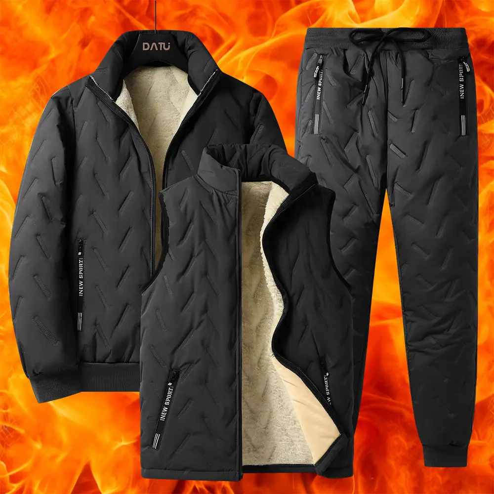Men's 3 piece set autumn and winter stand collar jacket, long sleeve coat with vest and pants. Men's casual winter jacket set, featuring fleece lining and polyester fabric with stand collar pocket. Clothes Menswear Matching