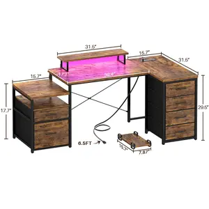 Unikito 70.8" Reversible L Shaped Computer Desk with Fabric File Drawers, Corner Desk with RGB LED Light & Power Outlets & Monitor Stand, Large Gaming Desk for Home Office Workstation
