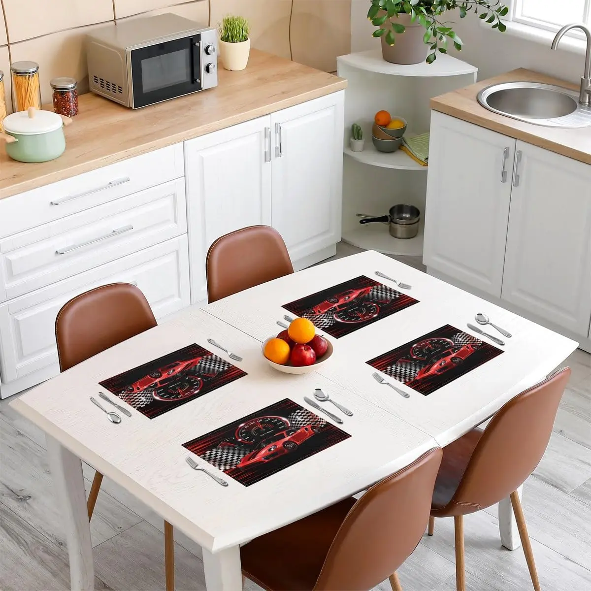 Feelyou Printed Extreme Sports Car Household Placemat Set - 4-Piece 18x12in Red Soft Plastic Placemats & Coasters, Kitchen Table Top Protection Accessory for Birthday, Party, Kitchen Decorative Placemat