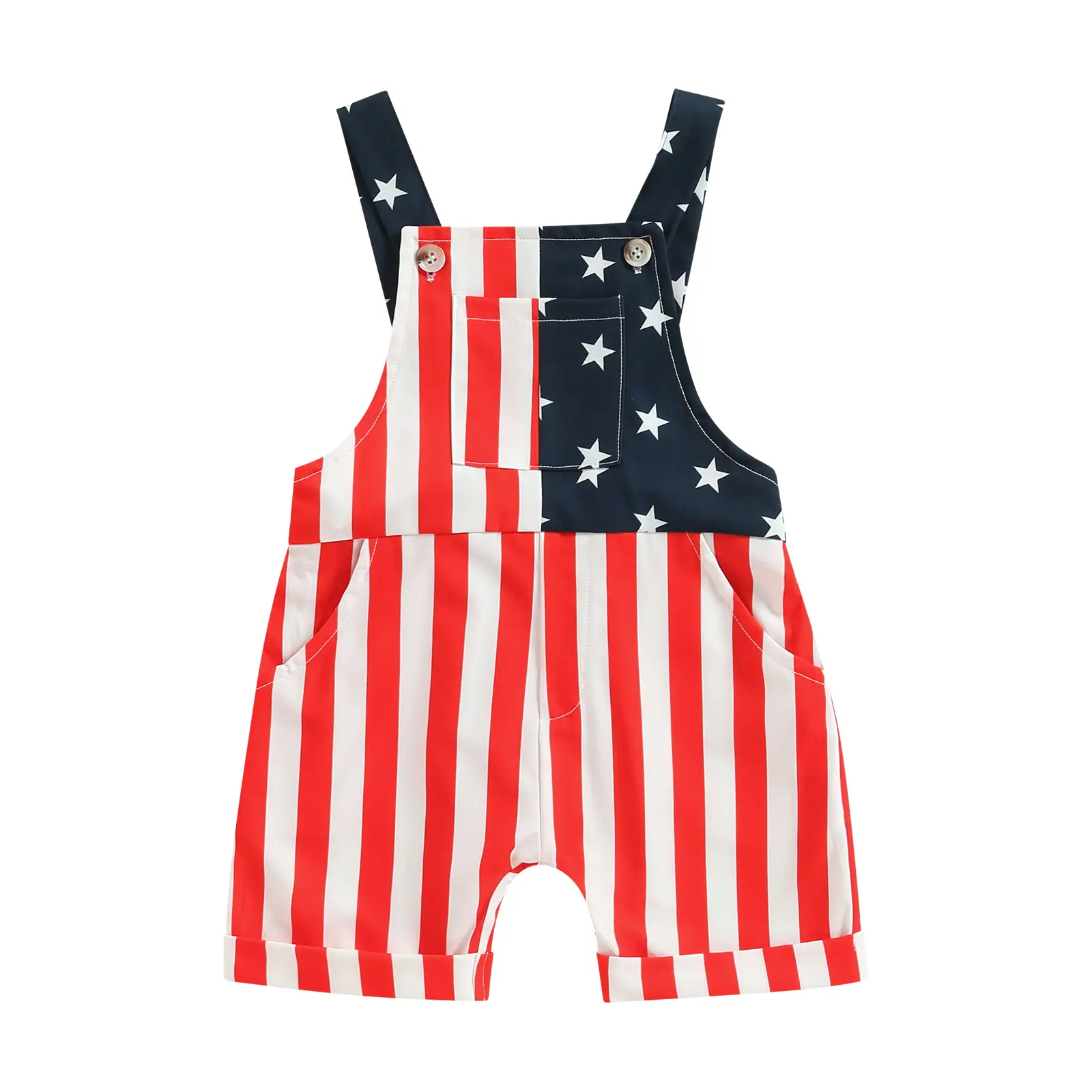 Toddler Infant 4th of July Baby Girl Boy Outfit American Flag Print Overalls Shorts Pocket Suspender Romper Fourth of July Clothes