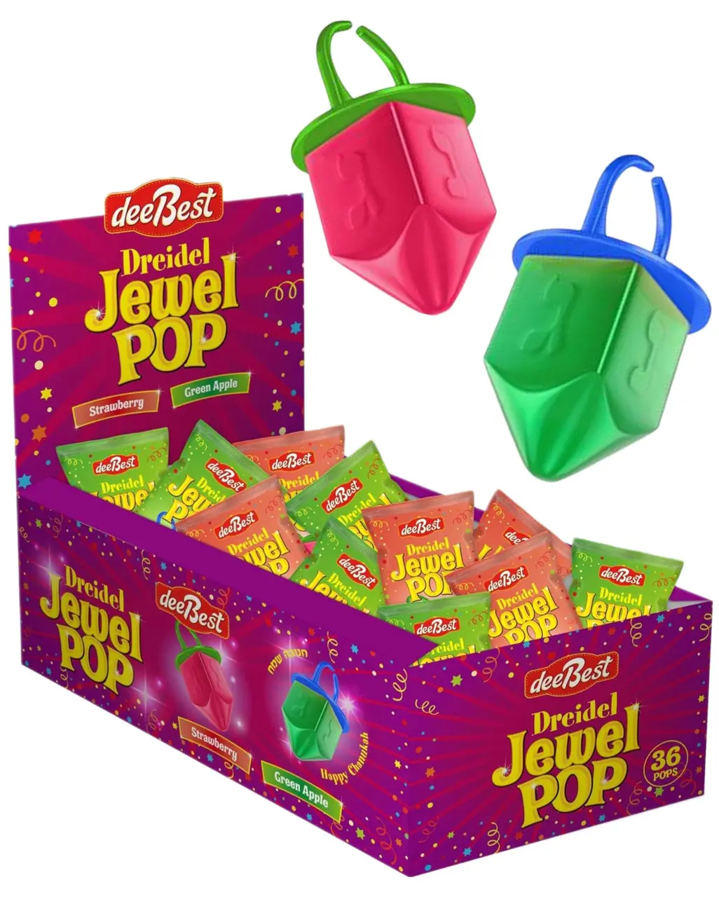 Dreidel Jewel Pop Ring Candy 36 Count Bulk Box | Kosher Certified Hanukkah Treats Holiday Party Favors Goodie Bag Fillers for Kids | Chanukah Dreidel Game Prizes & Festival of Lights Celebrations | Delicious Green Apple & Strawberry Flavors