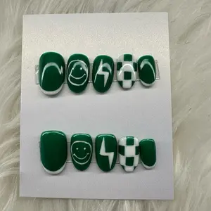 Green Smiley Face Checkered Short Round Press On Nails with Nail File Cuticle Pusher Alcohol Wipe Nail Glue & Care Card for Reusable Glam