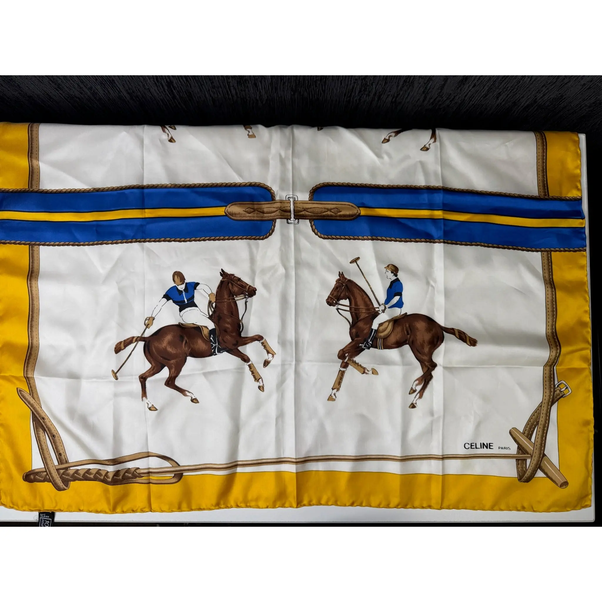 Pre-owned Silk Bag Accessories Celine Scarf Featuring a Vibrant Equestrian Polo Scene (JP)