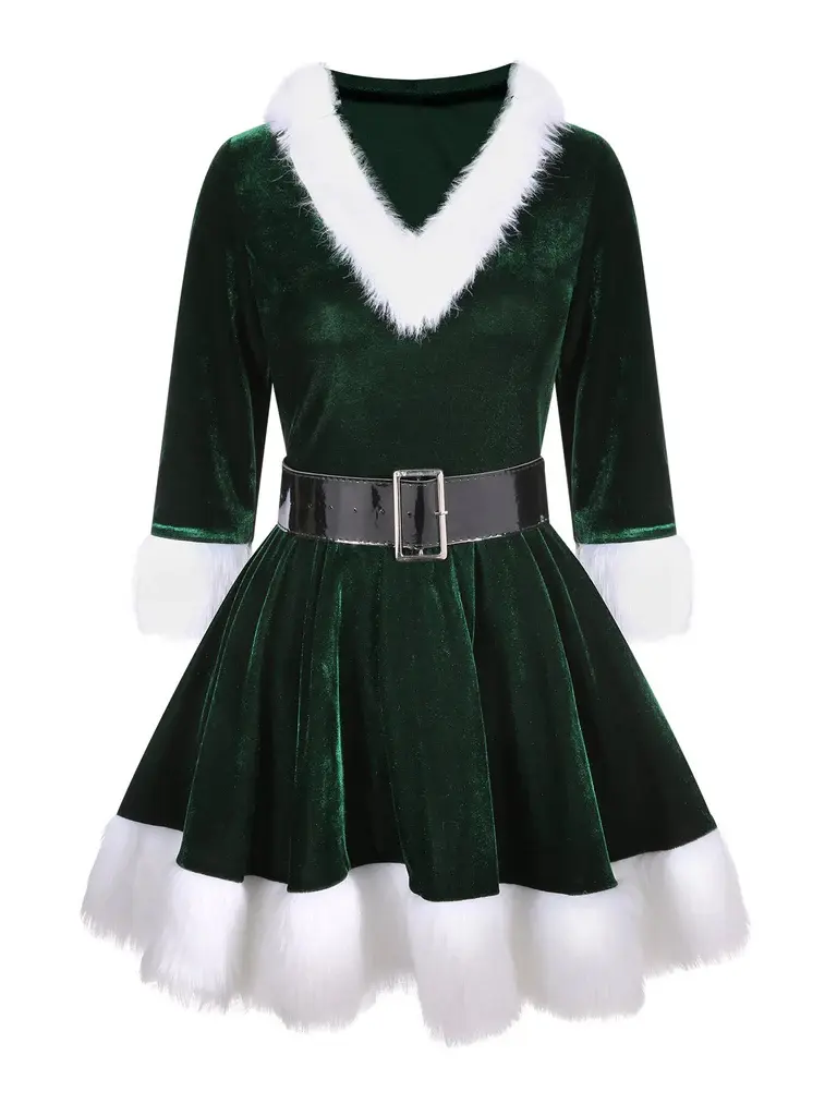 RETRO STAGE Women's 1960s Retro Velvet Hooded V-Neck Party Dress with Patchwork Bell Sleeves and Belt, Going Out, Party Fit