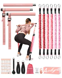 ALongSong Pilates Bar Kit with Resistance Bands Portable Home Workout Equipment with Timer for Full Body Exercise Fitness Equipment Yoga Pilates Bar Kit for Men Women Coral Pink & Blue FallFreshness