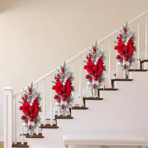 Set of 2: Christmas flocked wreaths, Ornaments, 17.72-inch plastic wall-hanging decorations in red with flocked patterns, featuring Christmas balls and bow-shaped decorations, ideal for hanging in front doors, on staircases, or by windows