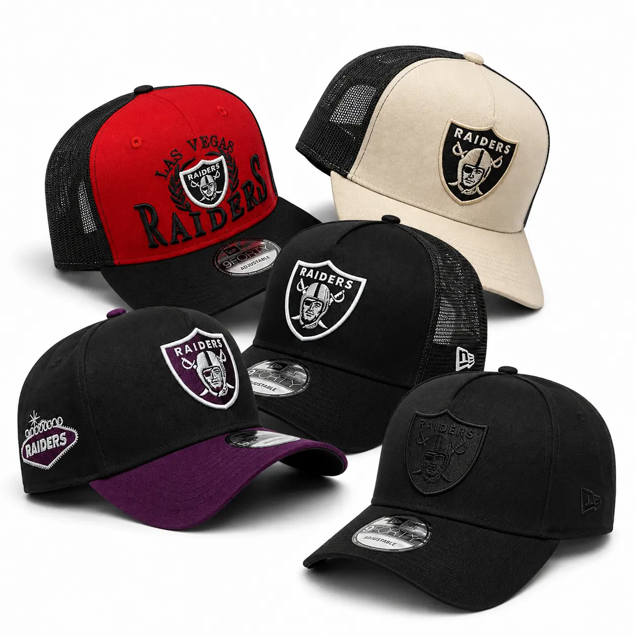 Las Vegas Raiders Hat Collection | New Era 9FORTY Adjustable Caps | NFL Trucker & Curved Brim Combo