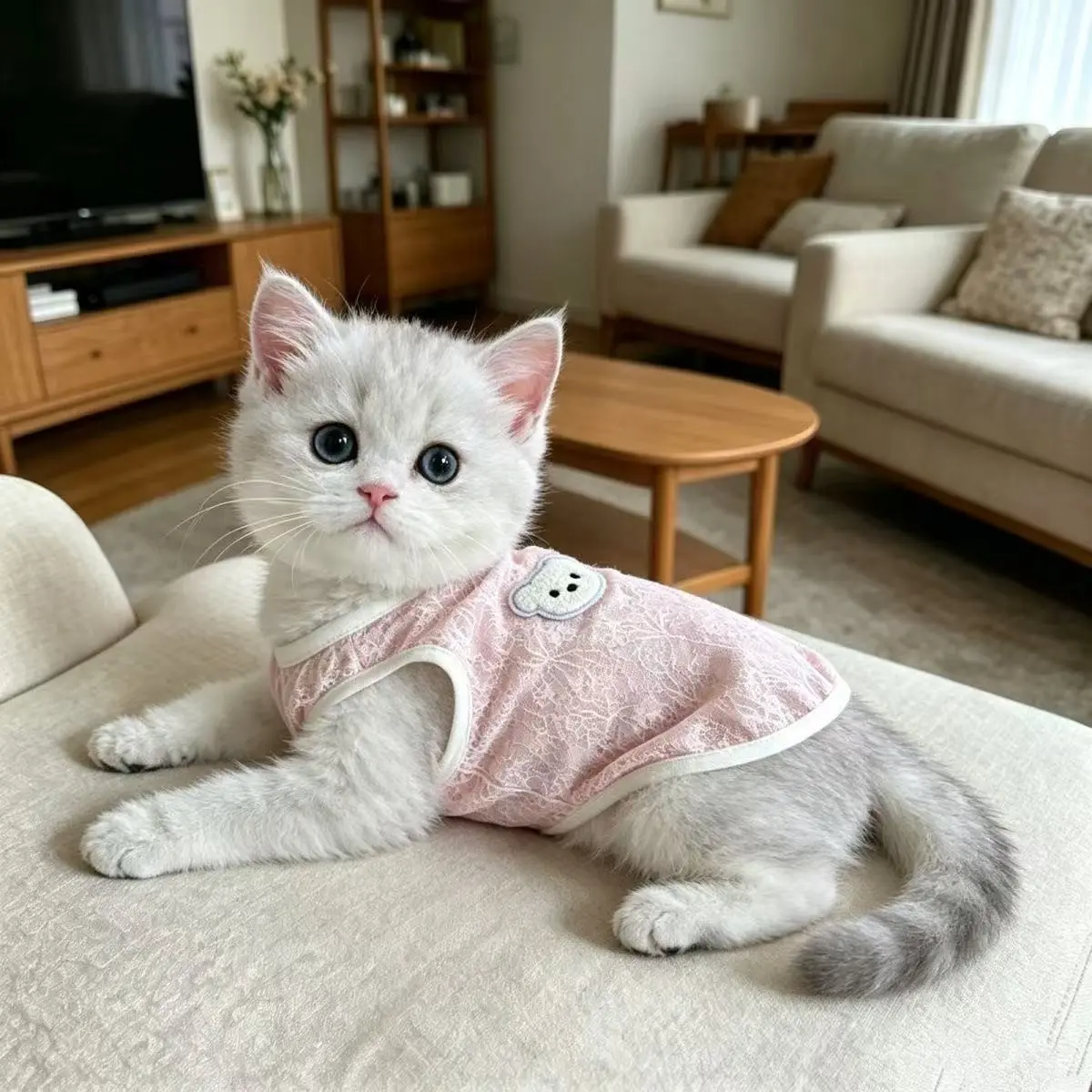 High Elastic Lace Pet Clothes, Clothing, Anti-Shedding and Mosquito-Proof, Bear Embroidery Design, Suitable for Kitten, Cats and Small Dogs, Summer Wear, Puppy Clothes