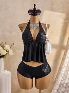 INAWLY Women's Vacation Beach Rhinestone Floral Black Tankini Swimwear Set 2026 New Women's Swimwear ArrivalFor School, Suitable For Holiday, Date, Afternoon Tea, Western, Cruise, Beach, Island, Road Trip, All Seasons, Music Festival, Boho Vacatio