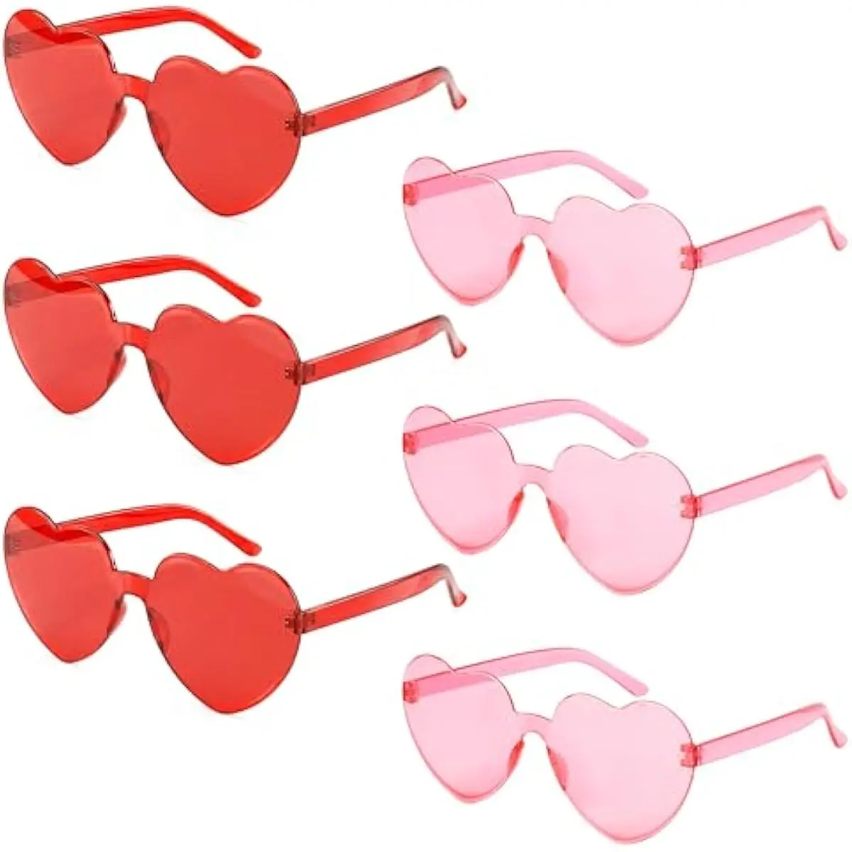 6 Pcs Valentine's Day Heart Shape Glasses, Rimless Sunglasses, Stylish and Safe Eyewear in Red and pink, Party Favor, Rainbow Sunglasses Candy Color Rimless Glasses for Women and Girl