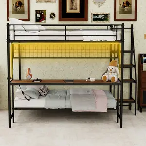 [Bellemave] Full Over Twin Metal Bunk Bed| Built-In Desk and LED Lighting| Safety Guardrail & Stairs| Sturdy Frame| Space-Saving Loft Design for Teens| Easy Assembly
