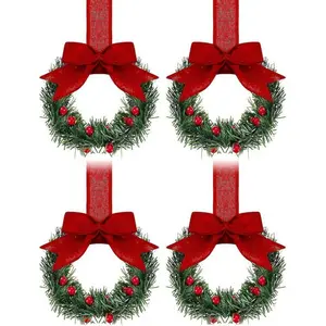 4-Pack Christmas Cabinet Wreaths with Ribbon Bow Berries Small Window Decorations, Festive Kitchen Party Ornaments