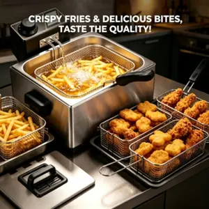 1400W 5-liter/large electric frying pan with 3 frying baskets, adjustable temperature, observation window cover, stainless steel tabletop body, perfect for kitchen and household fish frying，deep fryer with basket