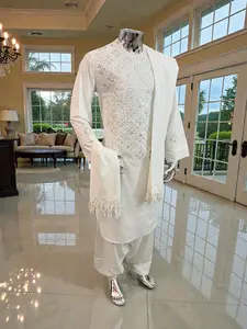 Men’s Off-White Handmade Afghan Outfit – 3-Piece Traditional Set mirror work Medium