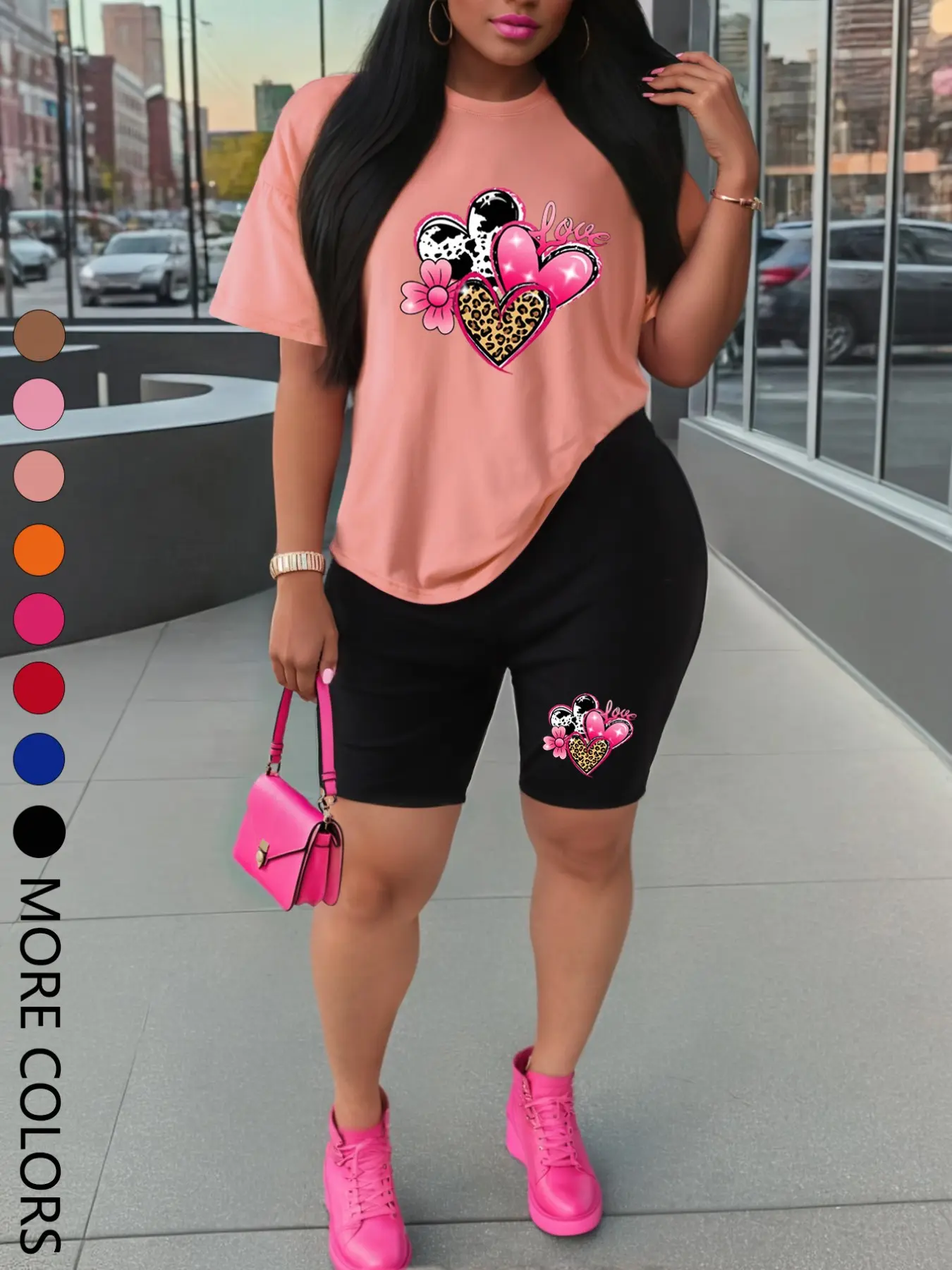 Summer New Short Sleeve Shorts Set, Sporty Heart Print, Heart Print Sportswear, Comfortable Casual, Women's Two-Piece Outdoor Sports Wear, Athleisure Wear Sets, Casual Sporty Design, Athleisure Summer Clothes