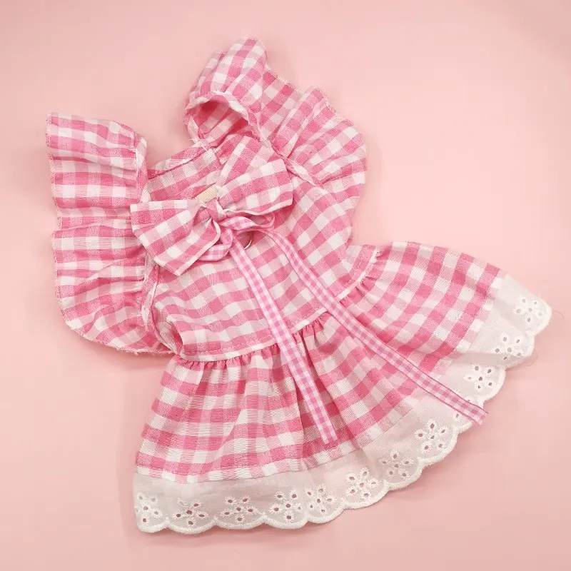 Cute Fashion Print Pet Dress with Bow, Plaid Pet Costume, Elastic Mesh Princess Dress, Puppy Cat, Complete Set, Clothing, Puppy Clothes