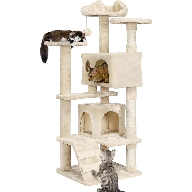 Beige Color Cat Tree 54in Cat Tree Tower Condo Furniture Scratch Post for Kittens Pet House Play, MULTI-LEVEL ACTIVITY PLAYGROUND for cats