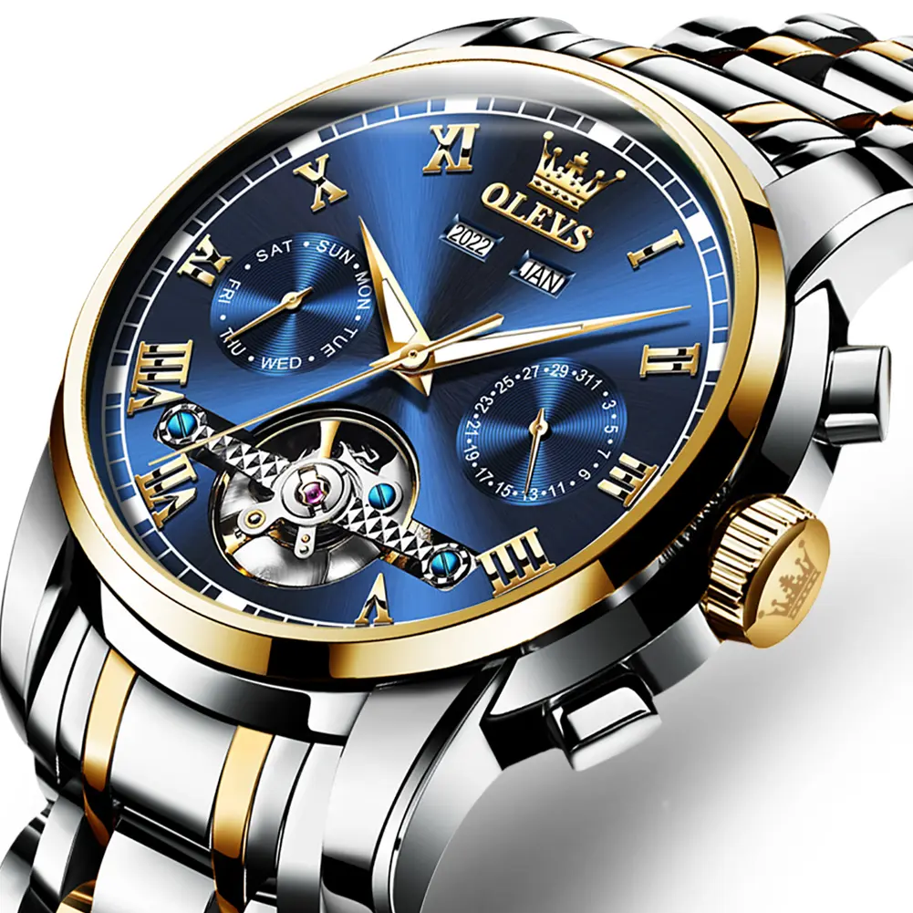 OLEVS Men's Stainless Steel Automatic Self-Winding Watch, 41mm Skeleton Design, 30M Waterproof, Luminous Luxury Dress Watch, Stainless Steel Watches