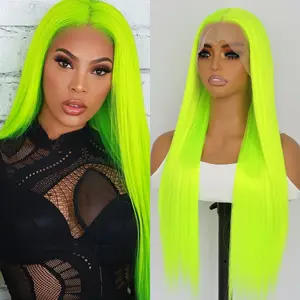 Aodbar Synthetic Lace Frontal Wig - Heat-Resistant, Glueless HD Transparent, Pre-Plucked Natural Hairline, Long Straight Fluorescent Lime Green - For Daily Use, Cosplay