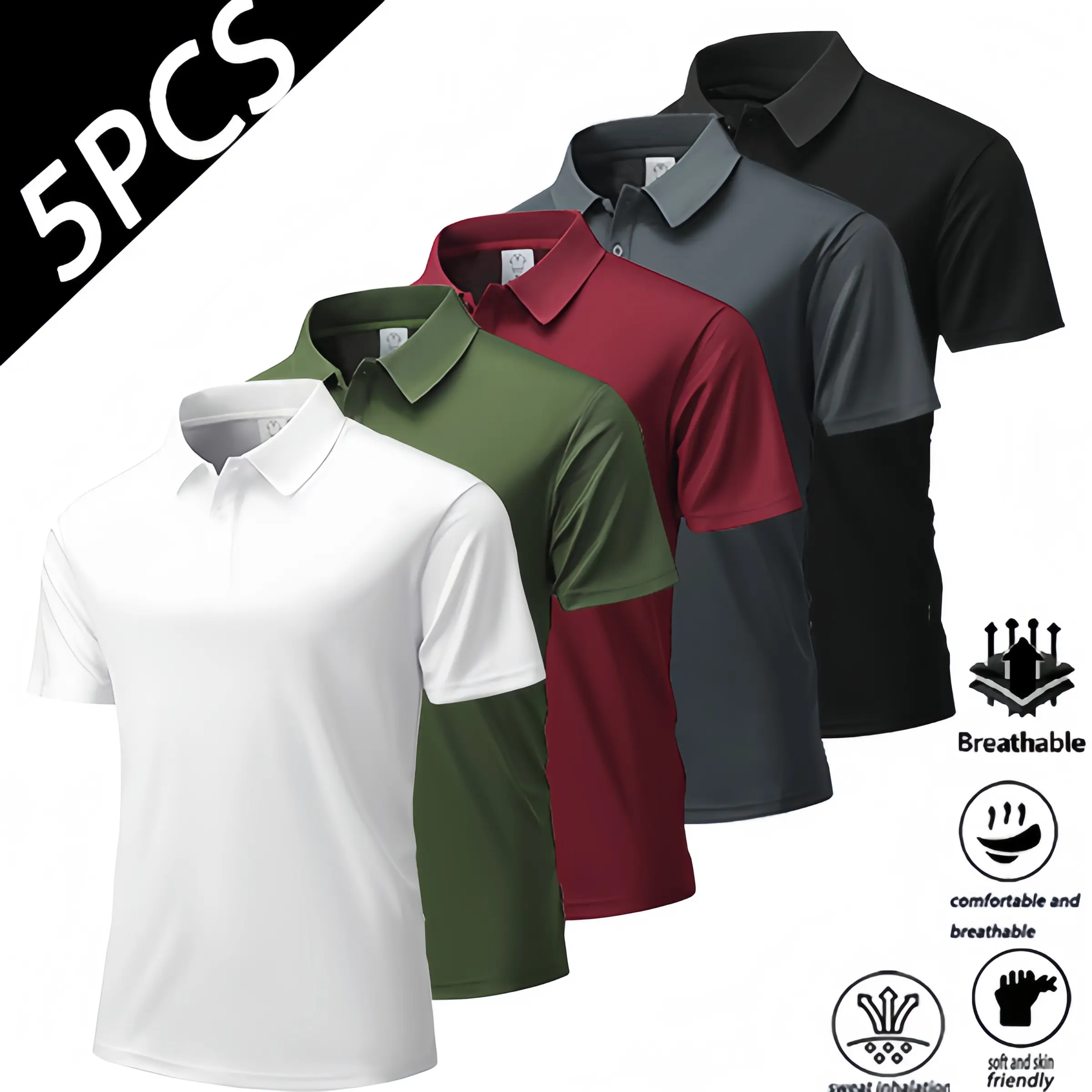Men's 5-Pack Classic Athletic Plain Short-Sleeve Knit Polo Shirts (8903 Black + Dark Blue + Burgundy + Green + White), Turn-Down Collar, Slight Stretch, Breathable Fabric, Pullover Button Design, Traditional Fit, Light Business Casual, Sport Use