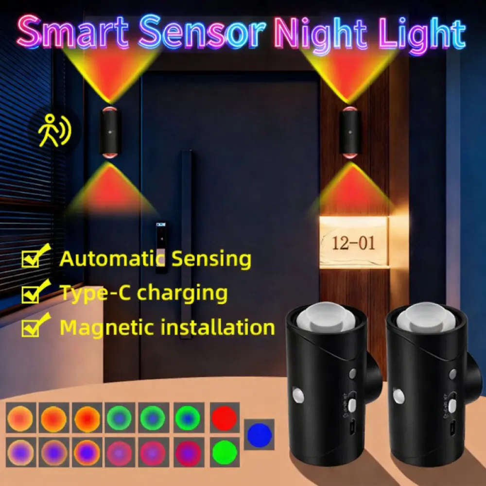 RGB Gradient Dimmable Auto-Sensor LED Night Light - Magnetic Installation, Adhesive Design, USB Rechargeable, Ambient LED Lights, Cableless 3D Ball Wall Spotlights for Bedroom, Stairs, Led Atmosphere Lights, Magnetic Wireless Light
