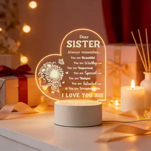 2D Heart Shaped Sister Night Light, Sunflower Decorative LED Table Lamp with Inspirational Quote, Personalized Birthday Christmas Gift for Sister, USB Powered Warm White Desk Lamp for Bedroom Living Room Red Rose Petals and Lights Set
