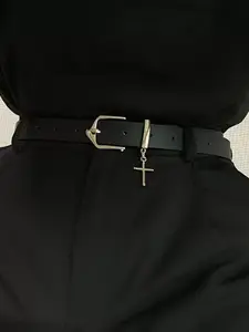 Simple Design All-match Plain Belt, Cross Decor Pu Buckle Skinny Belt, Casual Waistband for Jeans Trousers