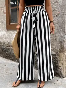 [Plus Size] Striped Print Wide Leg Drawstring Pants, Casual Comfy Trousers for Daily Wear, Women's Bottoms for All Seasons