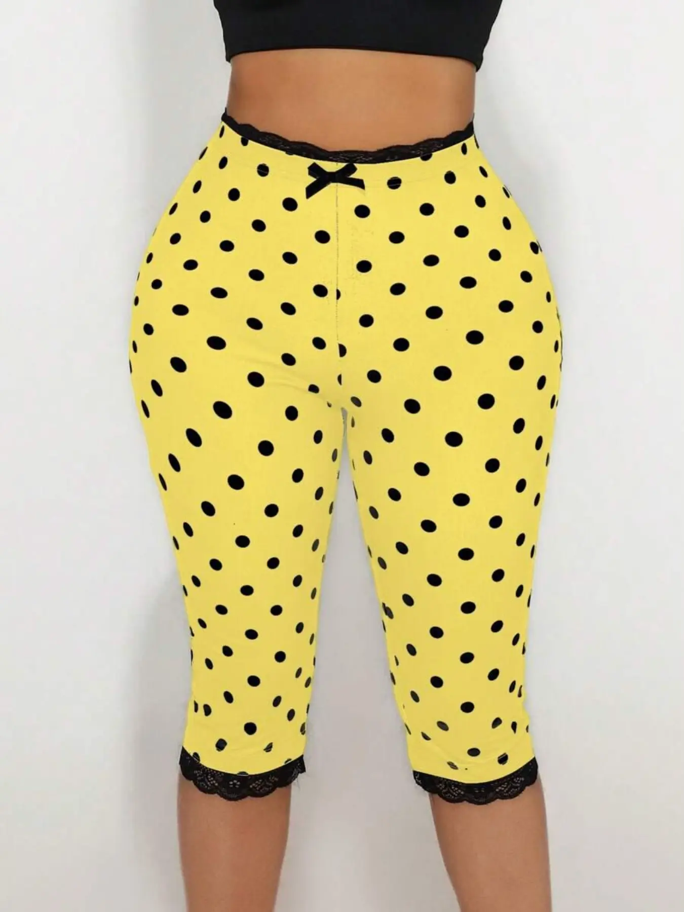 Sirith Women's Lace Trim Bow Polka Dot Print Bermuda Leggings