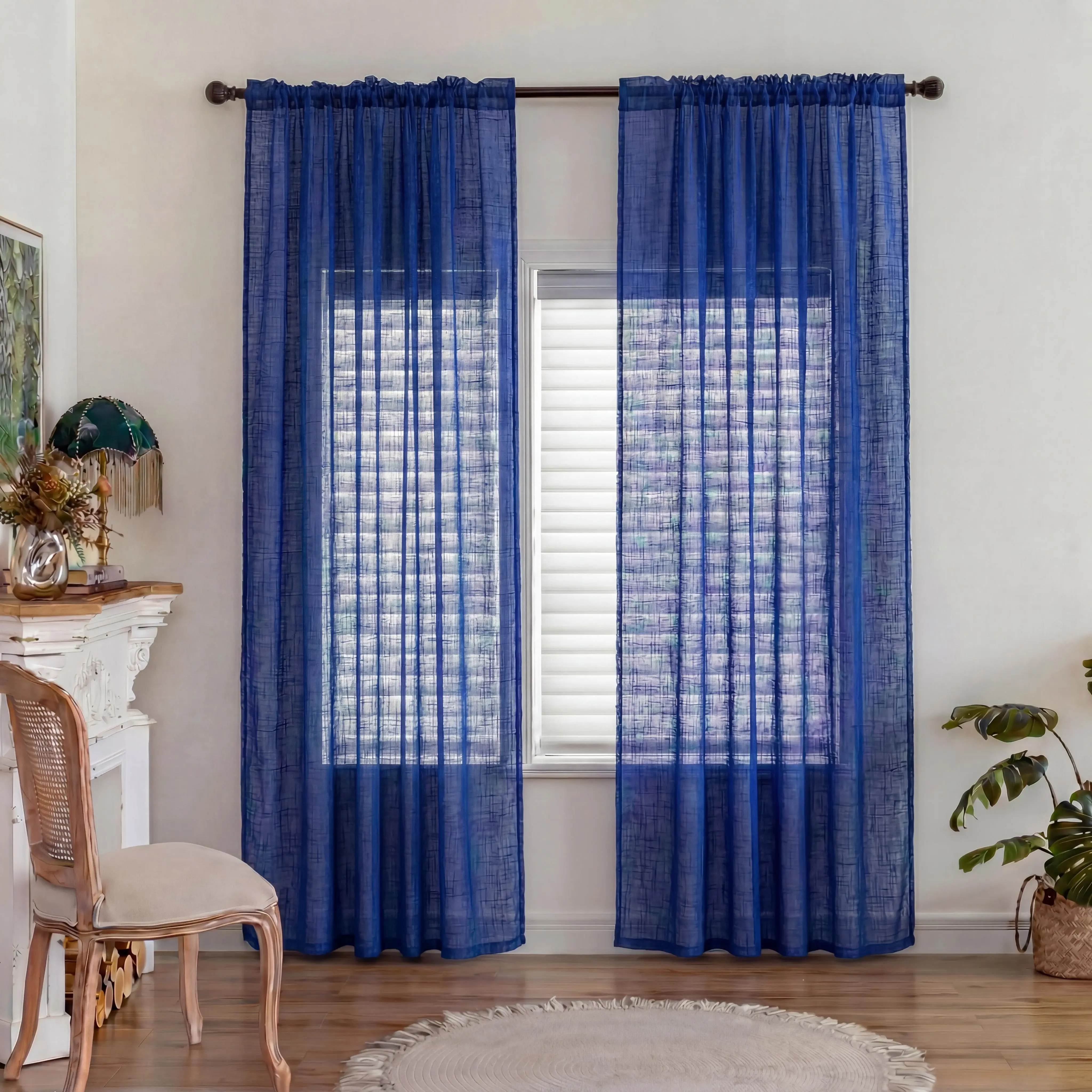 2-Panel Linen-Texture Chenille Fabric Curtains, 52"x84" Strip-Patterned Wrinkle-Resistant Breathable Durable Light-Filtering Rod Pocket Drapes for Bedroom, Living Room Home Decoration L39