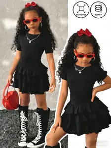 Girls' Layered Ruffle Dress, Cute Fitted Summer Dress, All over Print, Perfect for Parties and Daily Wear, Ages 8-12
