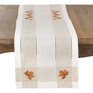 212 MAIN Durable Fabric Runner, Poly-Linen Mix Kitchen Linen, Oblong Shape, Ivory Autumn Design, with Embroidered Hems, Durable Fabric Runners
