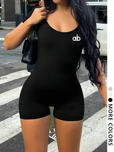 Spring Summer Sexy Women's Jumpsuit, High Stretch Breathable Fabric, Fitted Design, Classic U Neck, Short Sleeve, Perfect for