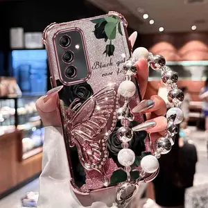 Popular White Luxury Jewelry Lanyard Strap Lanyard Phone Holder Case For Compatible With Samsung Galaxy A54 A34 A35 A36 A55 5G Transparent Glitter Shiny Cover and Durable Black Rose Protector Cases