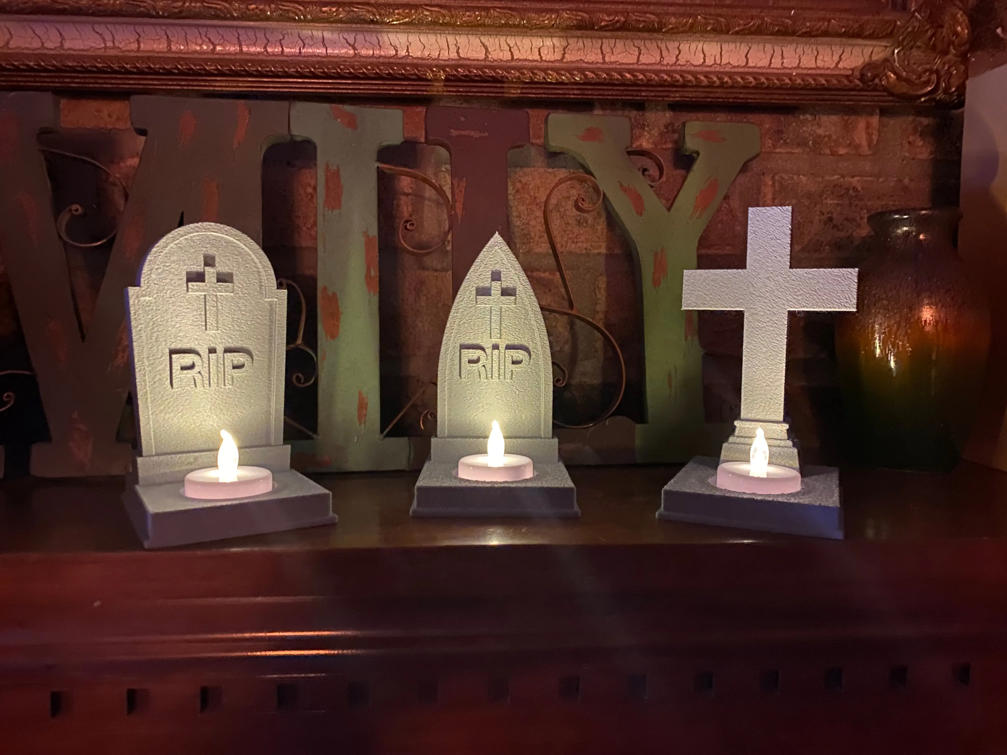 Tombstone Tea Light Holders, Set of 3 | Halloween Graveyard Decor