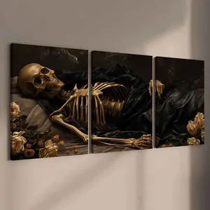 3 Counts Wooden Framed Canvas, Skeleton In Dark Floral Setting, Exquisite Poster, Perfect Living Room Decoration, Modern Art, Fashion Family Poster, Wall Art Decoration, Odorless, Artwork, Skeleton Design