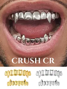 CRUSH CR 90s Retro Classic Vampire Fangs Grillz Set for Men Women, 18K Gold Plated Iconic Hip Hop Sharp Fang Top/Bottom Teeth Set, High-Shine Polished Finish, Hypoallergenic Removable, Ideal for Hip Hop Shows, 90s Themed Parties, Retro Streetwear Styling