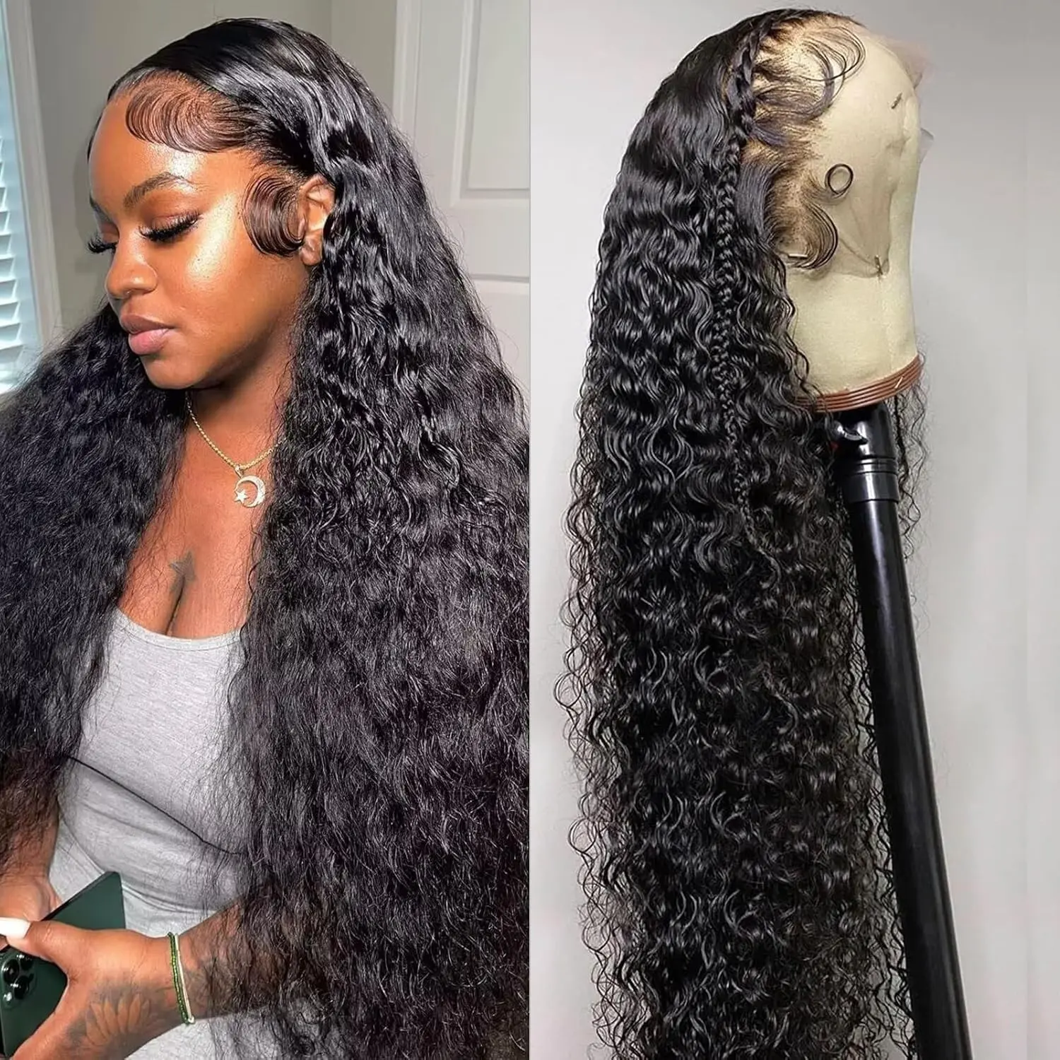 Lemoda Water Wave Lace Front Wigs Human Hair 200 Density 13x6 HD Lace Front Wigs for Women Pre Plucked Glueless Deep Curly Human Hair Wig Natural Black summerwins
