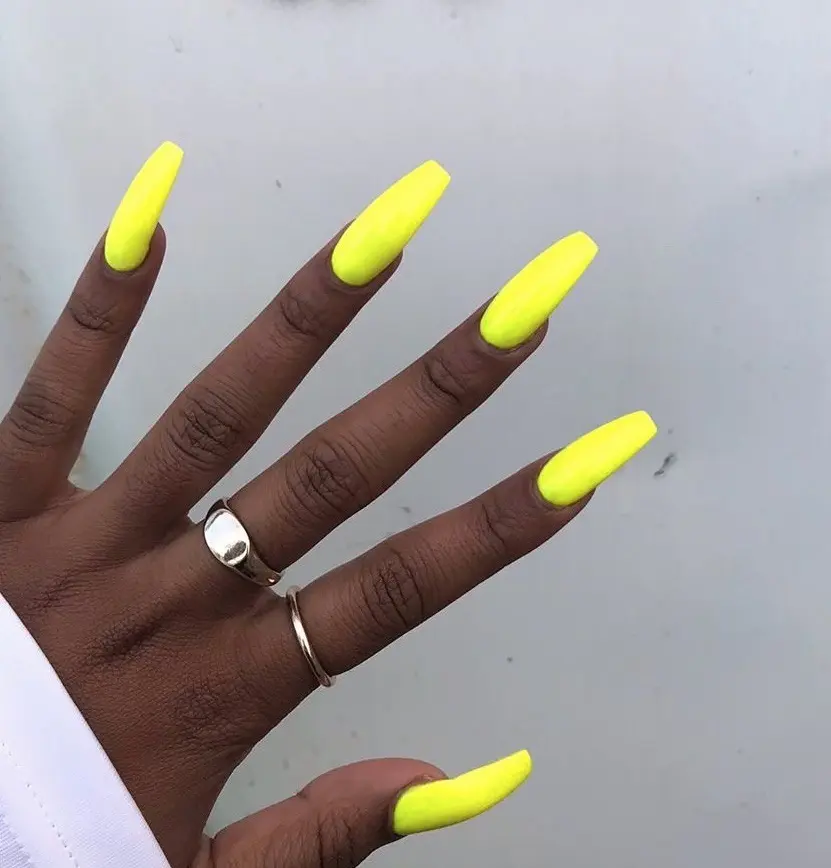 24pcs Fluorescent Yellow Pure Color Ballerina Long Coffin Glossy Fake Nails Press on Nail False Tips Manicure for Women (CB-15)