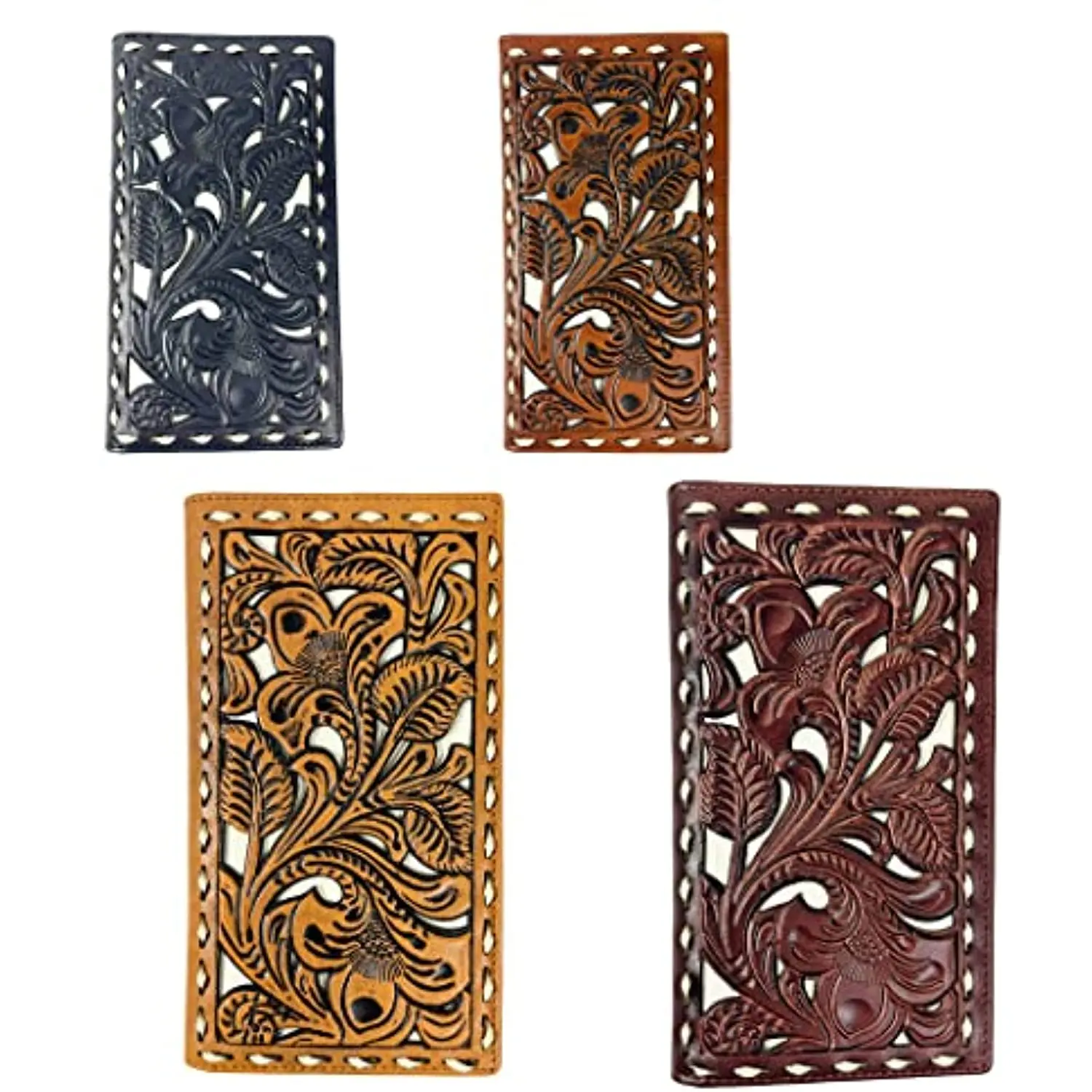 Men's Western Cowboy Durable Fashion Leather Long Bifold Wallet, Tooled Floral Design, Checkbook Compatible, Durable Fashion Wallet