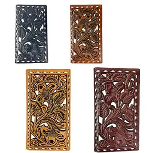 Western Cowboy Leather Long Wallets for Men Checkbook Tooled Wallet Floral Bifold