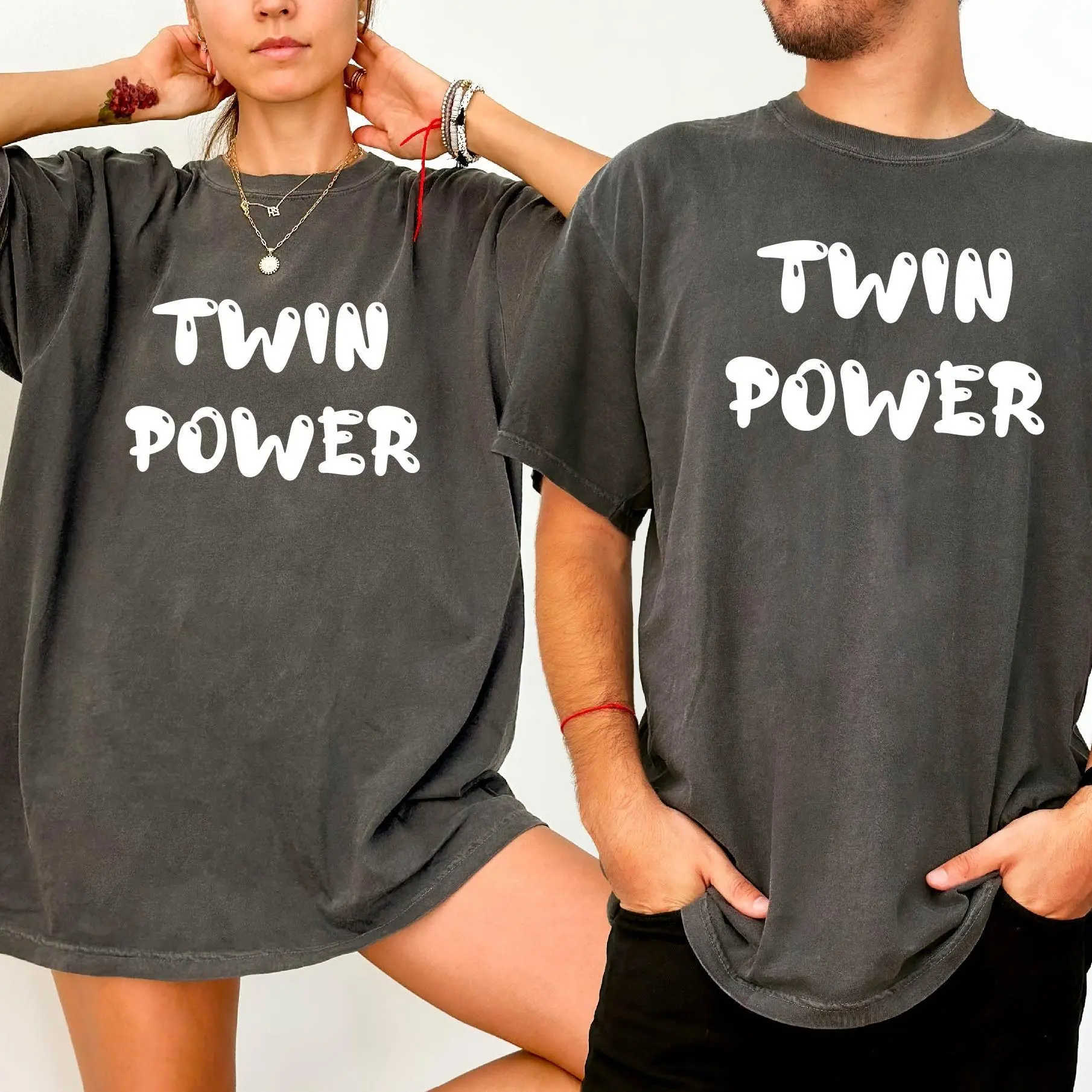 twins fan apparel Twin Power Bubble Groovy Text Matching Couple Twin Washed Cotton Oversized T-Shirt, Funny Twin Sibling Matching Outfit, Best Holiday Gift For Him Her Twin Sibling Birthday Present For Family Twins Casual Streetwear Tee, twins fan apparel