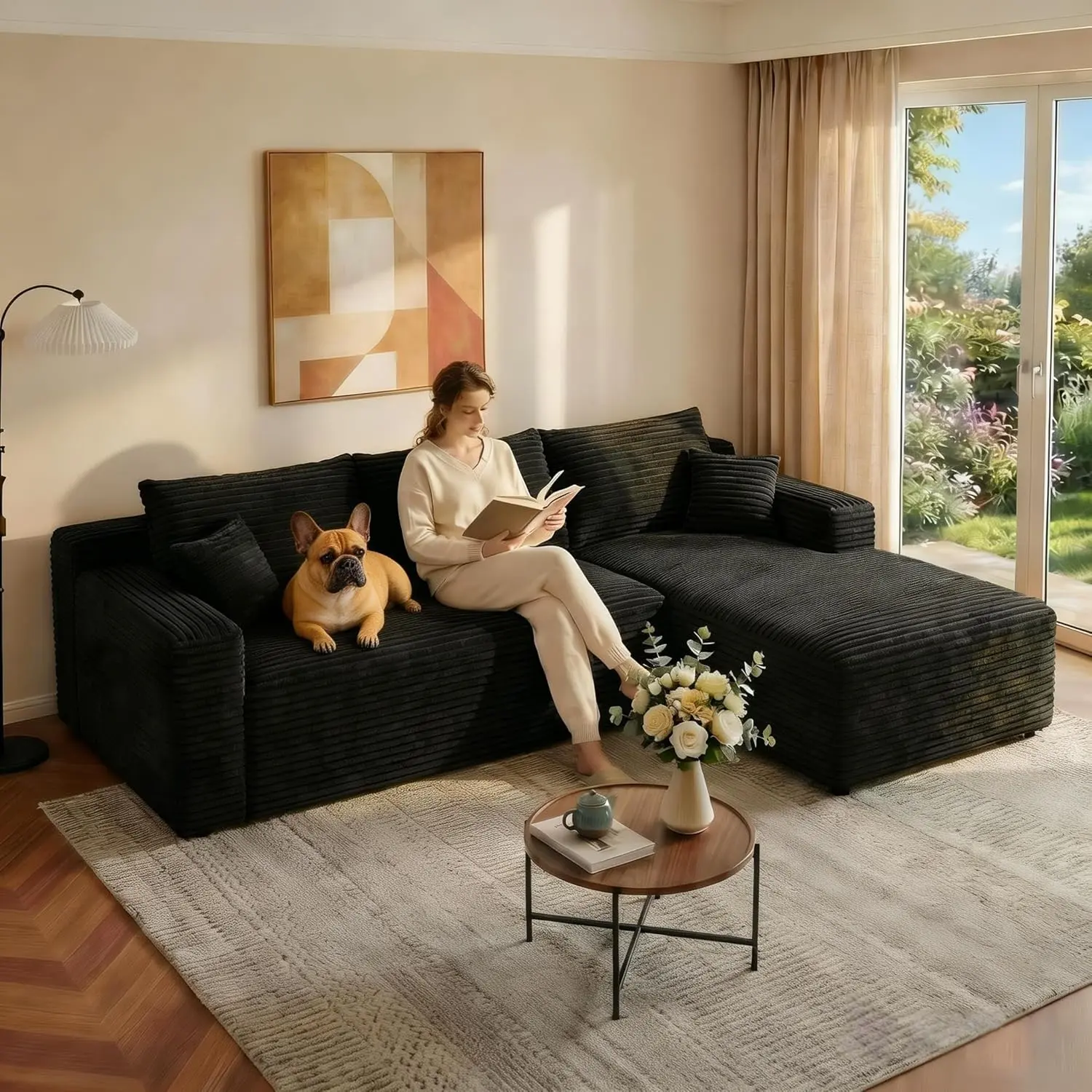 94" L Shape Couch with Right Chaise, Memory Foam Boneless Sectional Sofa in a Box, No Assembly Modular Small Couches for Small Spaces, Living Room, Apartments, Plush Corduroy, Black