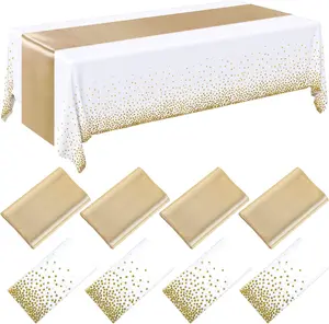 8 Pack White and Gold Disposable Plastic Tablecloths and Satin Table Runner Set, 54 x 108 Inch Tablecloth, 12 x 108 Inch Table Runners for Wedding First Communion Baby Shower Graduation