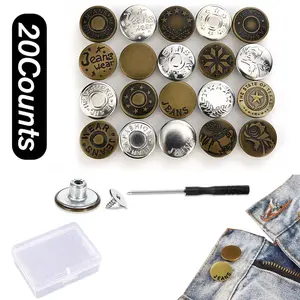 20 Piece No-Sew Adjustable Snap Set, 17mm Metal Jeans Button Replacement Kit, Includes Screwdriver, Easy DIY Repair, Random Styles